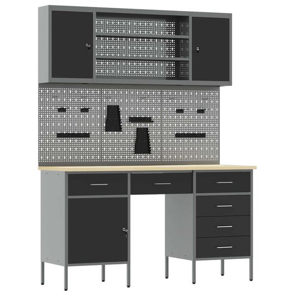 vidaXL Werk Cabinet met lade met opslag 7 pcs Zwart 150 x 55 x 200 cm