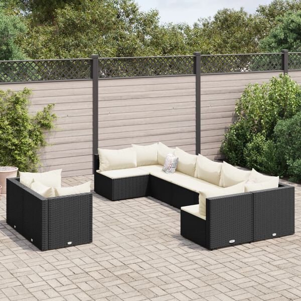 vidaXL 9-delige Loungeset met kussens poly rattan zwart