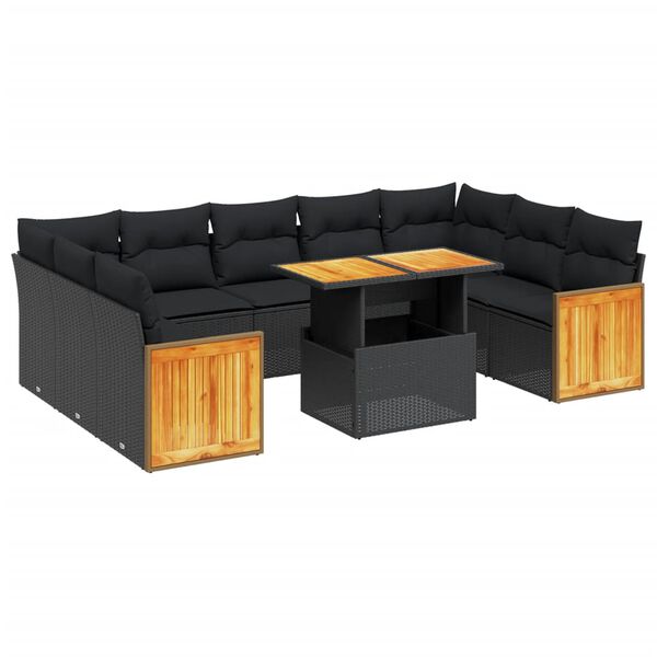 vidaXL 10-delige Loungeset met kussens poly rattan zwart