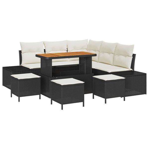 vidaXL Tuinbankenset met kussen met opslag 9 pcs Zwart Poly riet