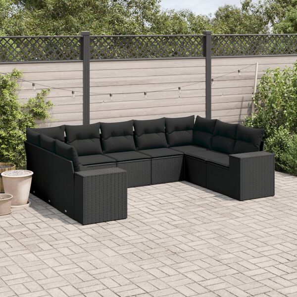 vidaXL 9-delige Loungeset met kussens poly rattan zwart