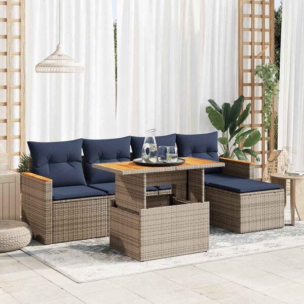 vidaXL 6-delige Loungeset met kussens poly rattan grijs