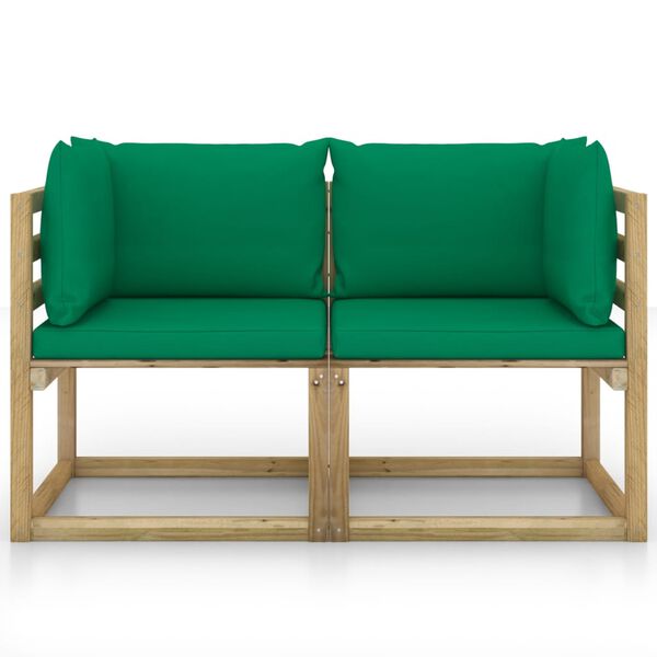 vidaXL Tuinhoekbanken 2 st met kussens groen ge&iuml;mpregneerd grenenhout