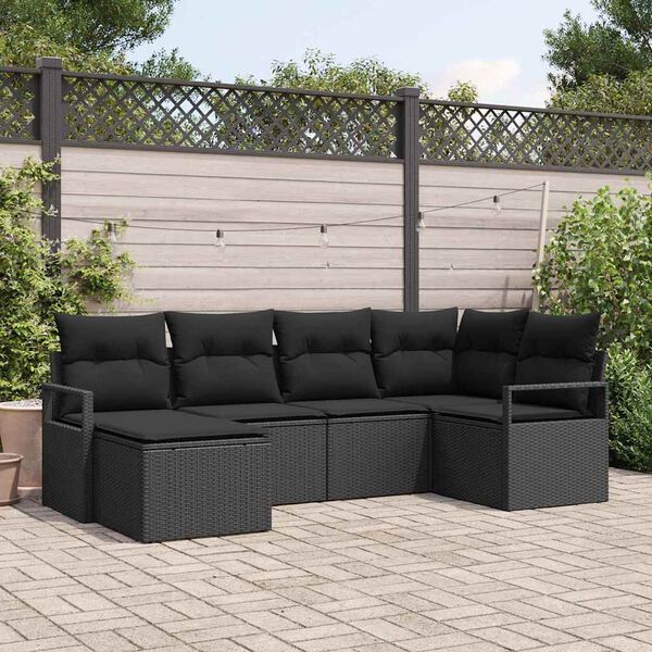 vidaXL Bankstel met kussen 6 pcs Zwart poly rattan