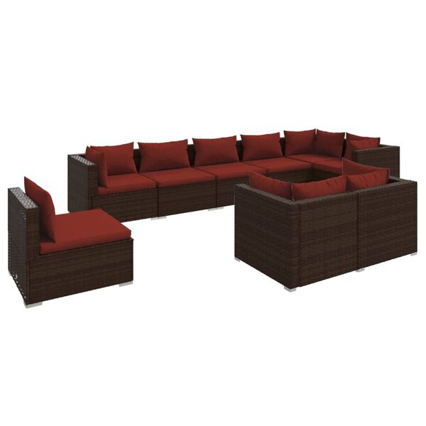 vidaXL 9-delige Loungeset met kussens poly rattan bruin