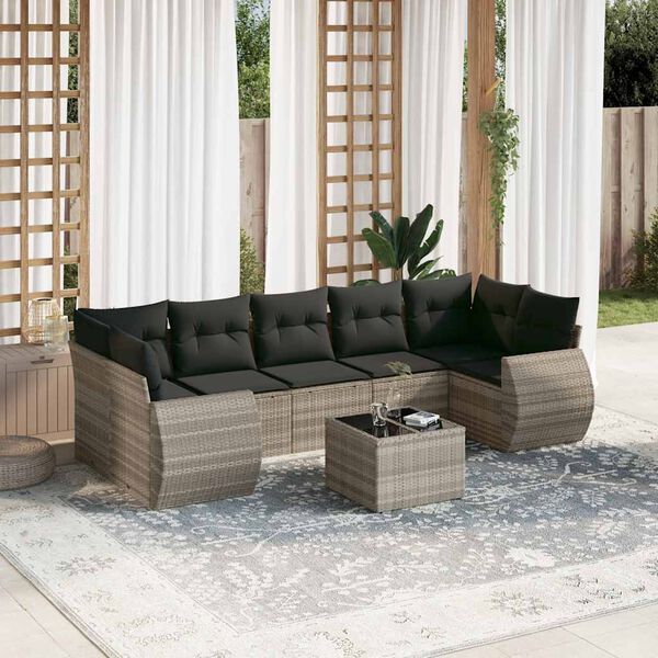 vidaXL 8-delige Loungeset met kussens poly rattan lichtgrijs
