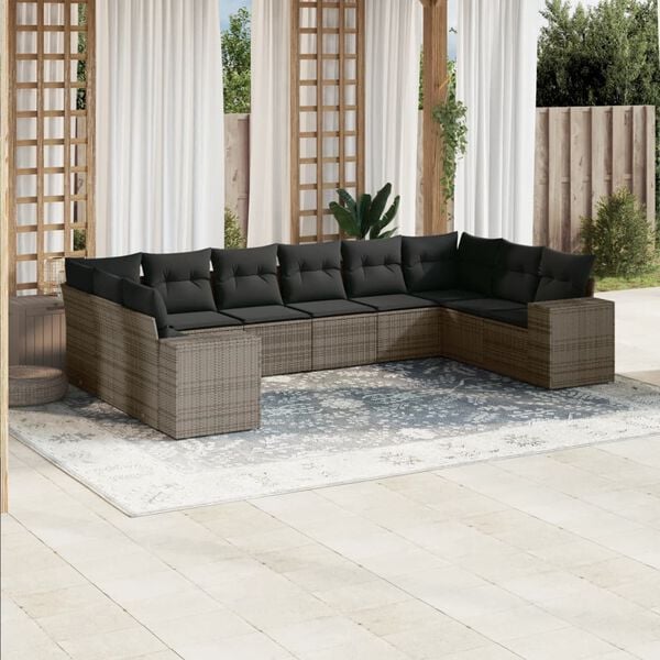 vidaXL 10-delige Loungeset met kussens poly rattan grijs