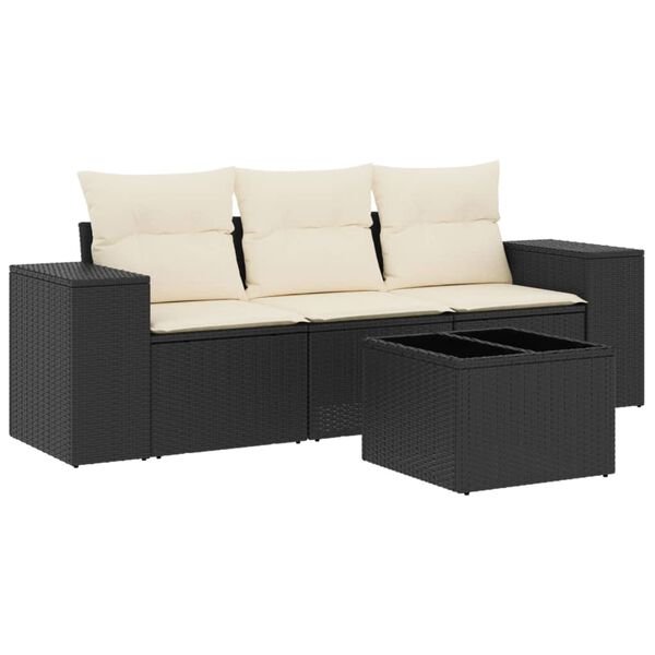 vidaXL 4-delige Loungeset met kussens poly rattan zwart