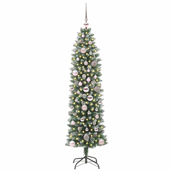 vidaXL Kunstmatige slanke kerstboom met 150 LED Groen en Wit 150 cm