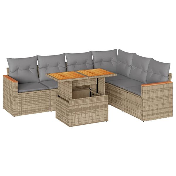 vidaXL 7-delige Loungeset met kussens poly rattan acacia beige