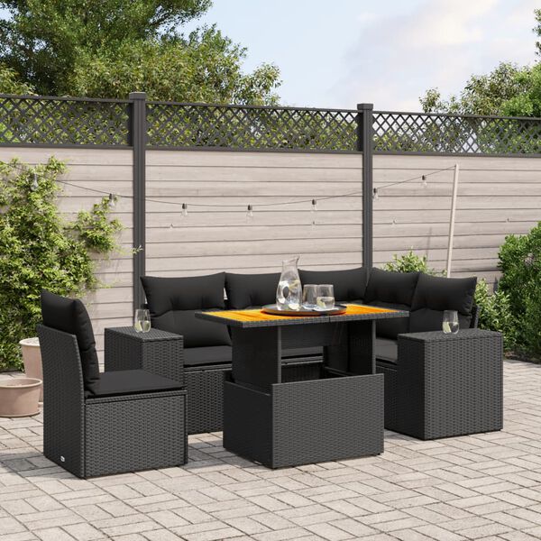vidaXL 6-delige Loungeset met kussens poly rattan zwart