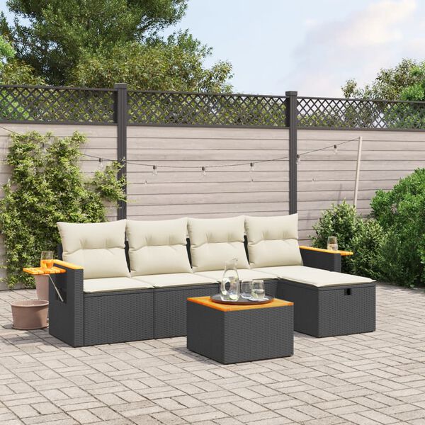 vidaXL 5-delige Loungeset met kussens poly rattan zwart