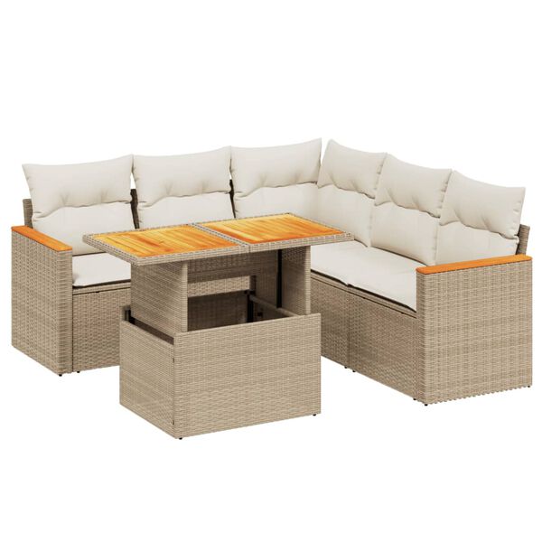 vidaXL 6-delige Loungeset met kussens poly rattan beige
