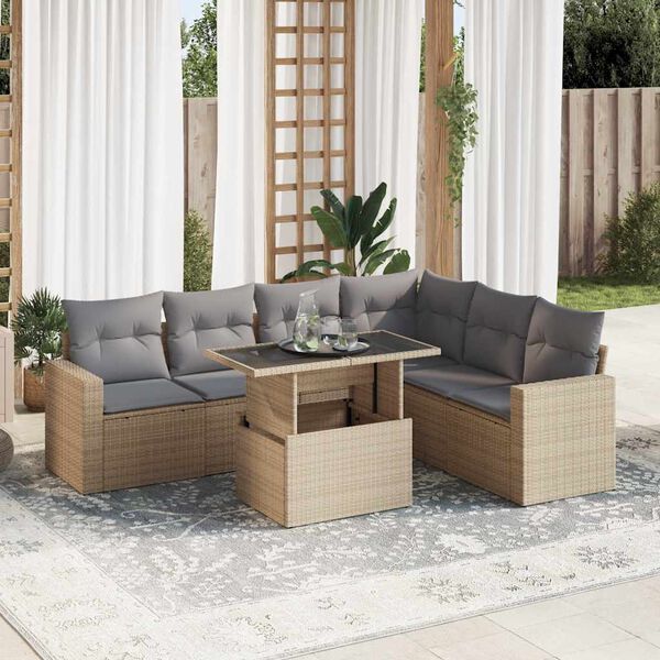 vidaXL 7-delige Loungeset met kussens poly rattan beige