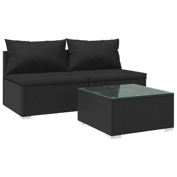 vidaXL 3-delige Loungeset met kussens poly rattan zwart