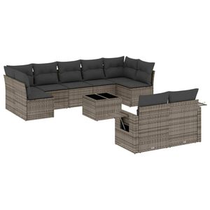 vidaXL 10-delige Loungeset met kussens poly rattan grijs