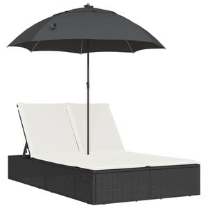 vidaXL Ligbed 2-persoons met kussens en parasol poly rattan zwart
