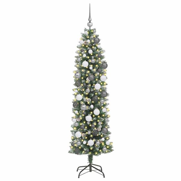vidaXL Kunstmatige slanke kerstboom met 300 LED Groen en Wit 180 cm