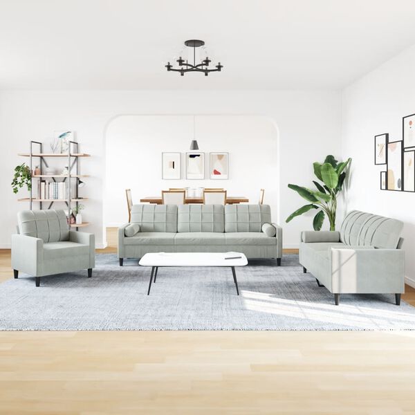 vidaXL 3-delige Loungeset met kussens en bolsters fluweel lichtgrijs