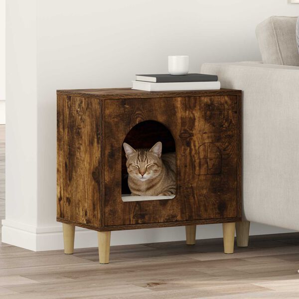 vidaXL Kattenhuis Gerookt eiken 51 x 30 x 52 cm Bewerkt hout