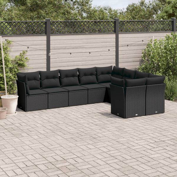 vidaXL 9-delige Loungeset met kussens poly rattan zwart