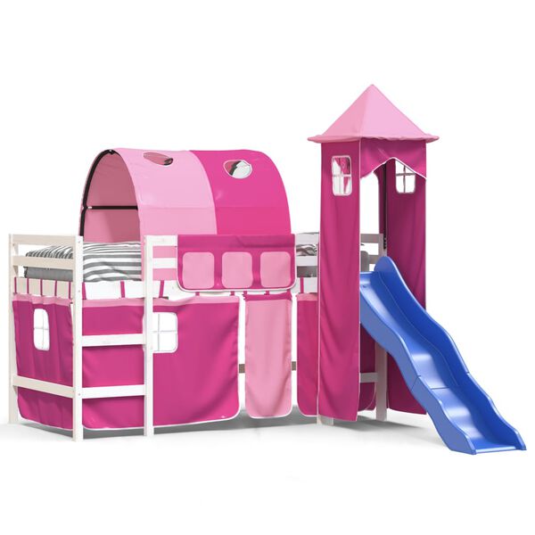 vidaXL Kinderhoogslaper met toren 90x190 cm massief grenenhout roze
