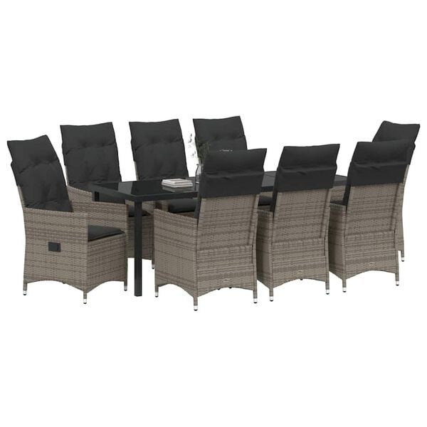 vidaXL Tuin eettafelset met kussen 9 pcs Grijs poly rattan