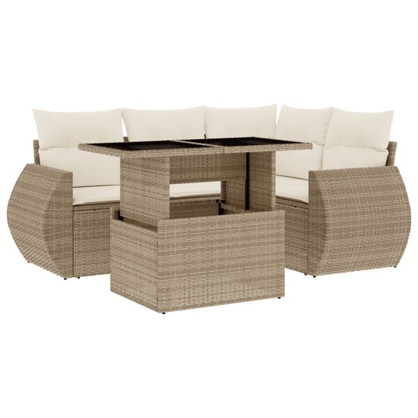 vidaXL 5-delige Loungeset met kussens poly rattan beige