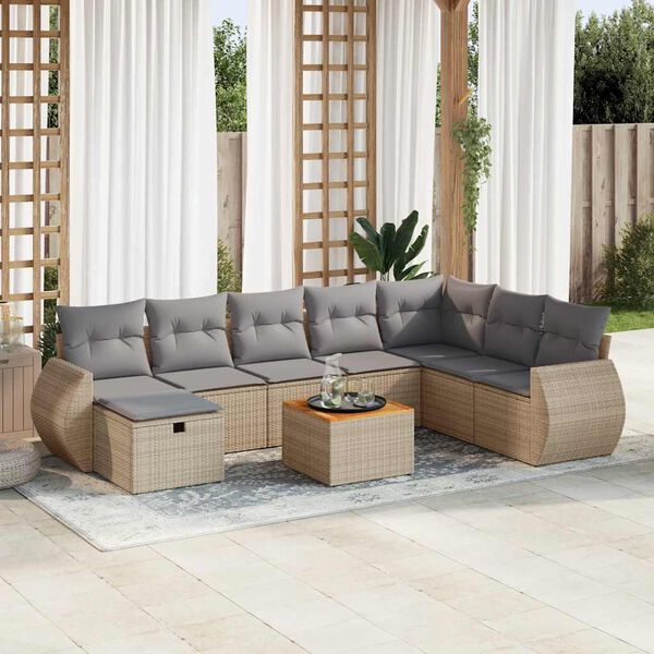 vidaXL 9-delige Loungeset met kussens poly rattan beige