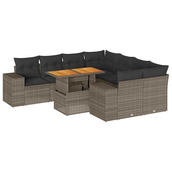 vidaXL 9-delige Loungeset met kussens poly rattan grijs