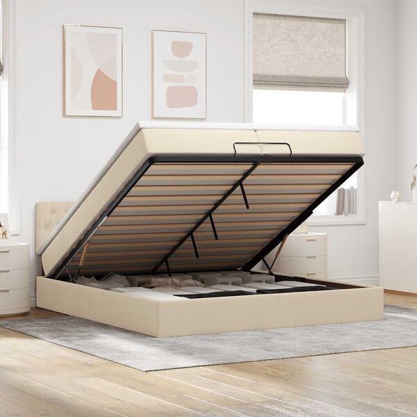 vidaXL Ottoman bed met matras 200x200 cm stof cr&egrave;mekleurig
