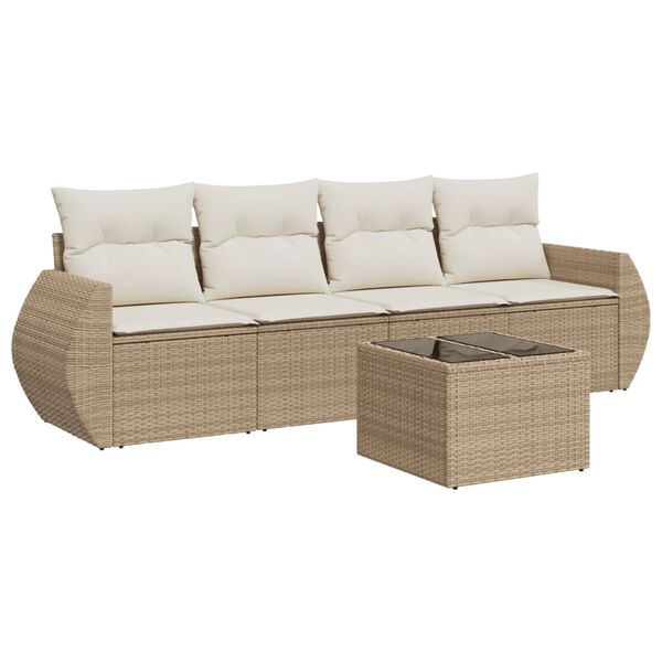 vidaXL 5-delige Loungeset met kussens poly rattan beige