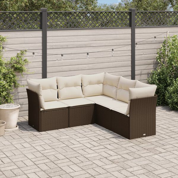 vidaXL 5-delige Loungeset met kussens poly rattan bruin
