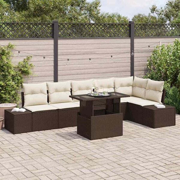 vidaXL Tuin Sofa Set met kussen met opslag 7 pcs Bruin en cr&egrave;me