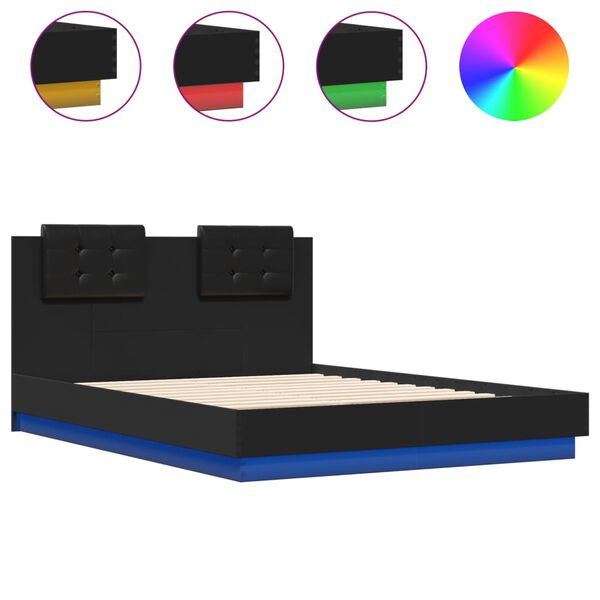 vidaXL Bedframe met hoofdeinde en LED-verlichting zwart 135x190 cm