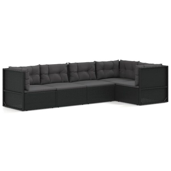 vidaXL 5-delige Loungeset met kussens poly rattan zwart