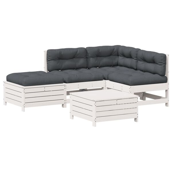 vidaXL 5-delige Loungeset met kussens massief grenenhout wit