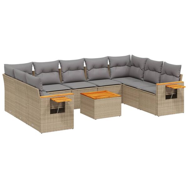 vidaXL 10-delige Loungeset met kussens poly rattan beige