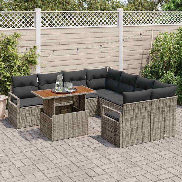 vidaXL Tuin Eetset met kussen 9 pcs Grijs en Bruin