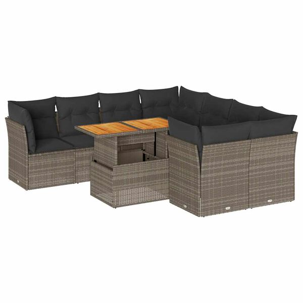 vidaXL 9-delige Loungeset met kussens poly rattan grijs