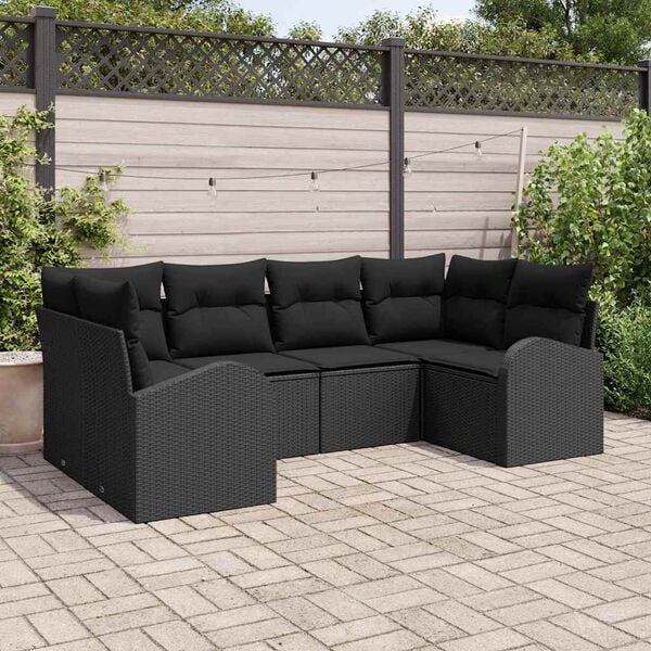 vidaXL Tuinbankenset met kussen met opslag 6 pcs Zwart poly rattan