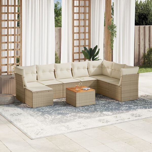 vidaXL 9-delige Loungeset met kussens poly rattan beige