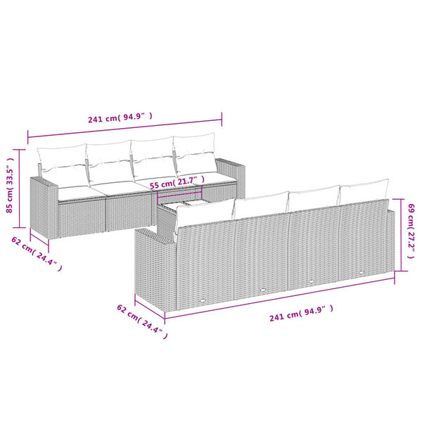 vidaXL 9-delige Loungeset met kussens poly rattan lichtgrijs