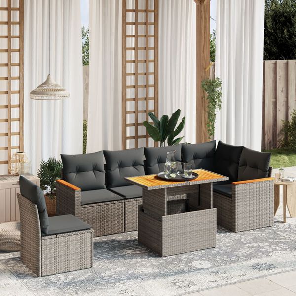 vidaXL 7-delige Loungeset met kussens poly rattan grijs