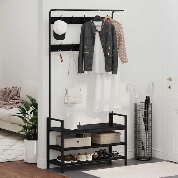 vidaXL Kapstok met plank Zwart Eiken 95 x 34 x 184 cm Bewerkt hout