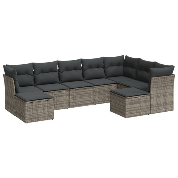 vidaXL 9-delige Loungeset met kussens poly rattan grijs