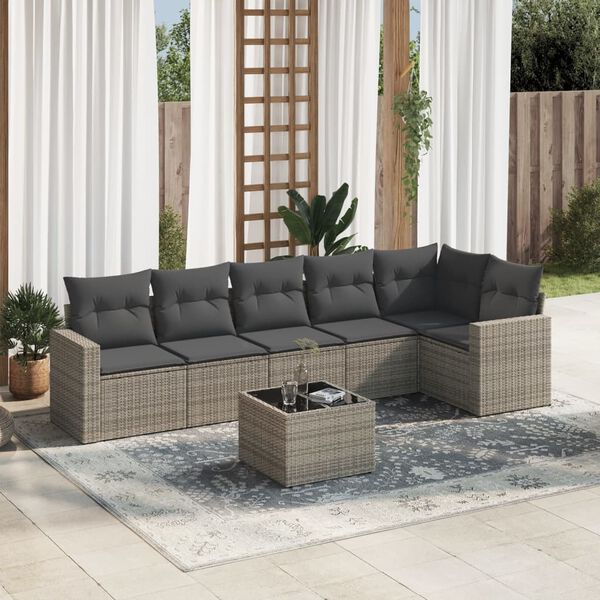 vidaXL 7-delige Loungeset met kussens poly rattan grijs