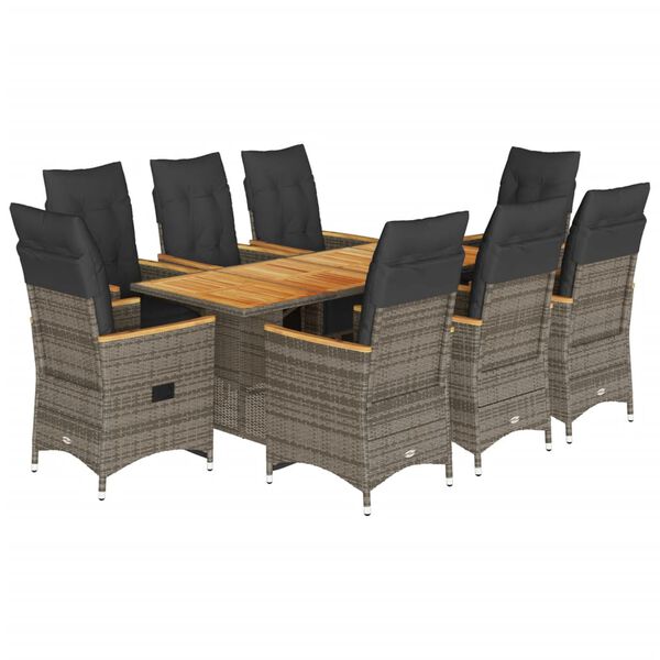vidaXL 9-delige Bistroset met kussens poly rattan grijs