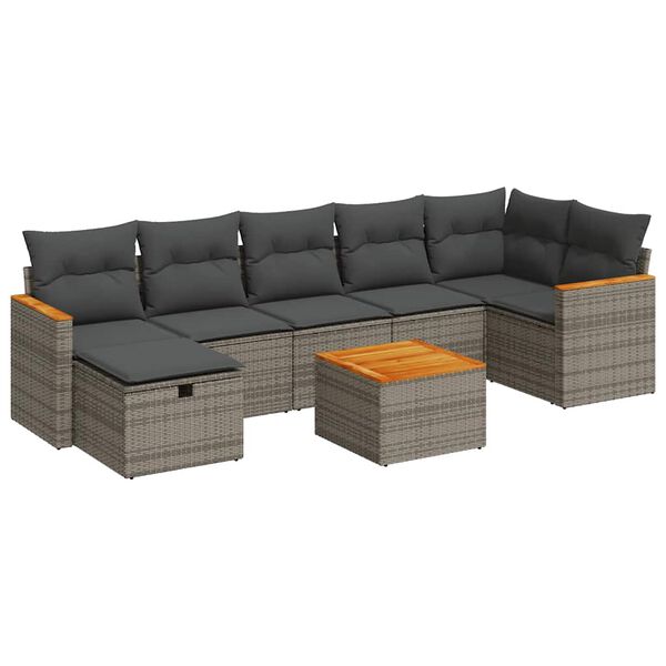 vidaXL 8-delige Loungeset met kussens poly rattan grijs
