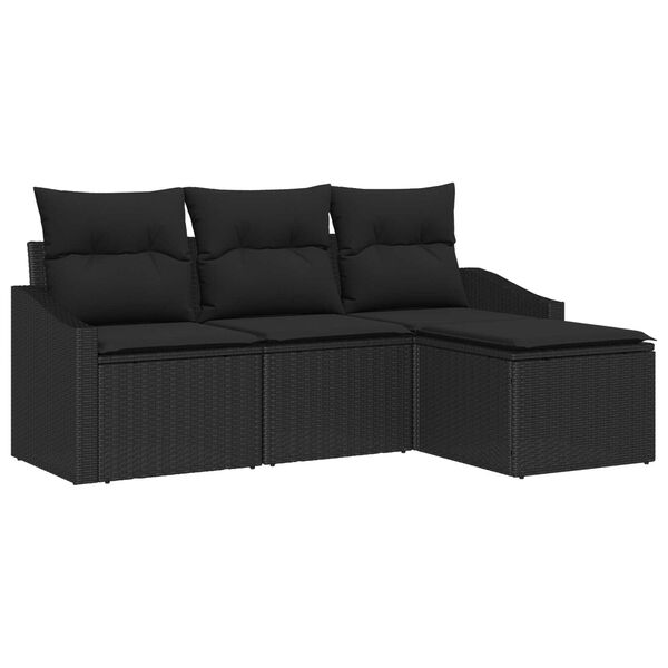 vidaXL Bankstel met kussen met opslag 4 pcs Zwart poly rattan
